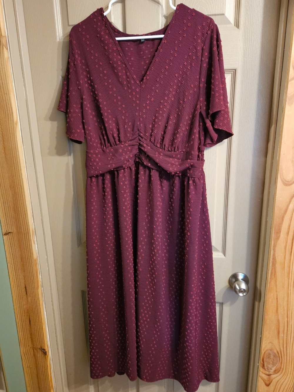 Women's Burgundy V-Neck Midi Dress with Gathered Waist
